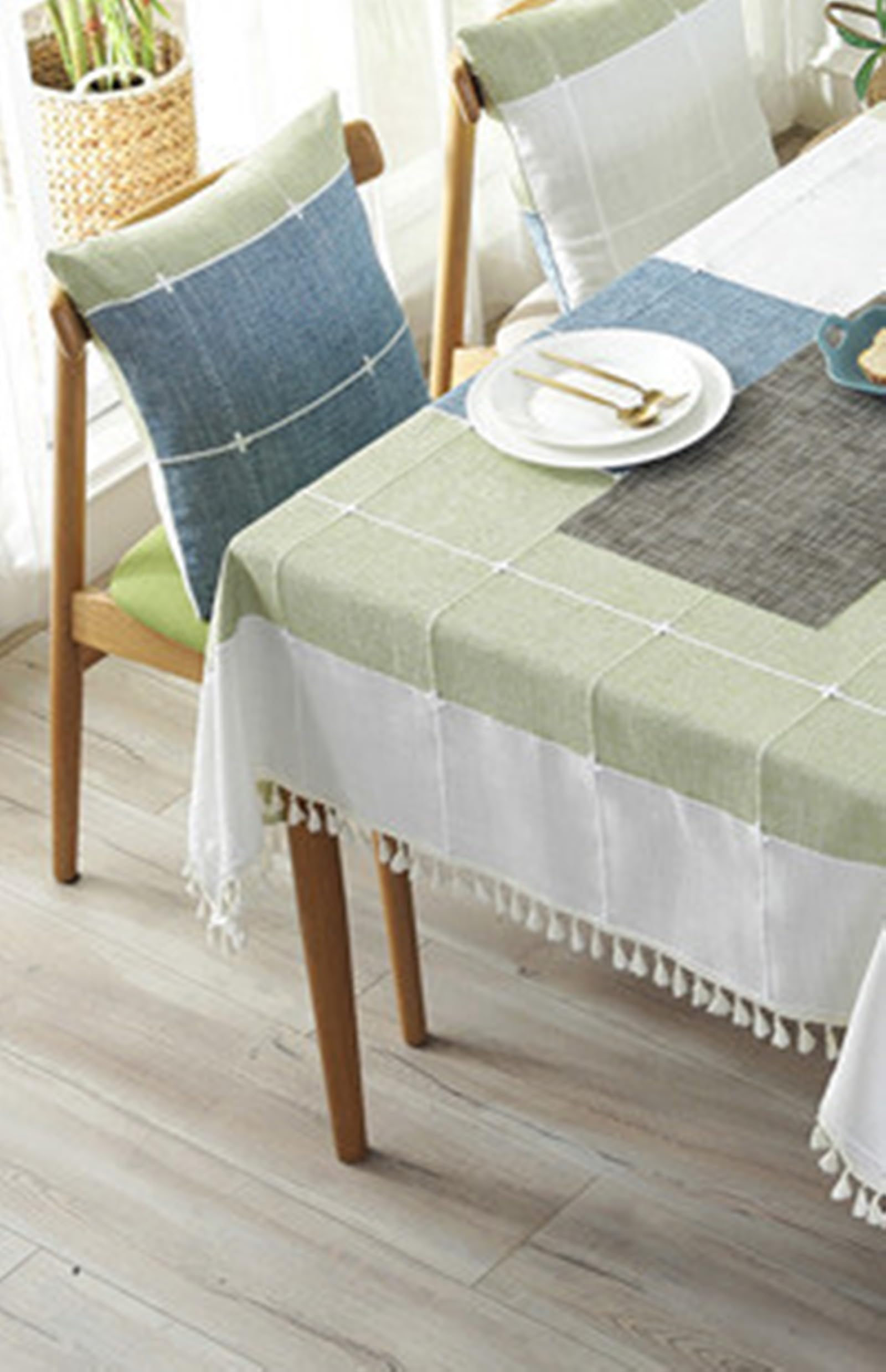 Tischdecke Rechteckig 140x140 cm, Polyester Tischtuch Abwaschbar Kariert Gestreift mit Fransen Tischwäsche für Küche Esstisch Dekoration, Grün Blau