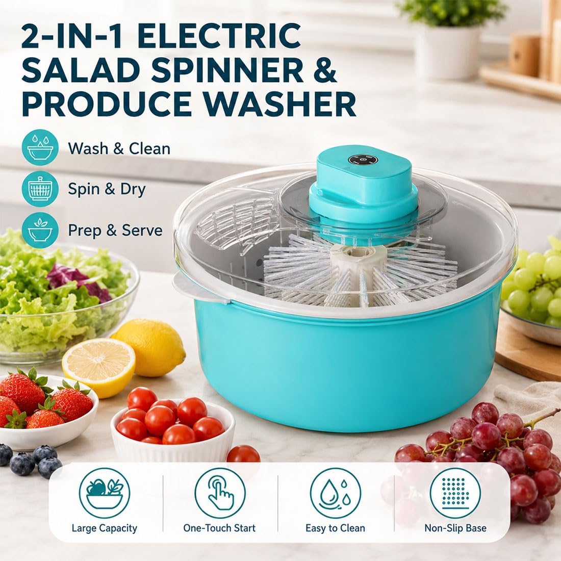 Centrifugadora y escurridor automático de frutas y verduras; lavadora y centrifugadora con cepillo; recipiente eléctrico para lavar y centrifugar frutas; limpiador con base antideslizante (Yellow,1)