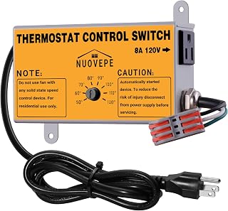 Attic Fan Thermostat Control with Socket & Wire Connector, Adjustable Plug-in Thermostat with Overload Protection, Dual-Fan Compatible Controller for Greenhouse, Workshop, Garage, Vent Fan