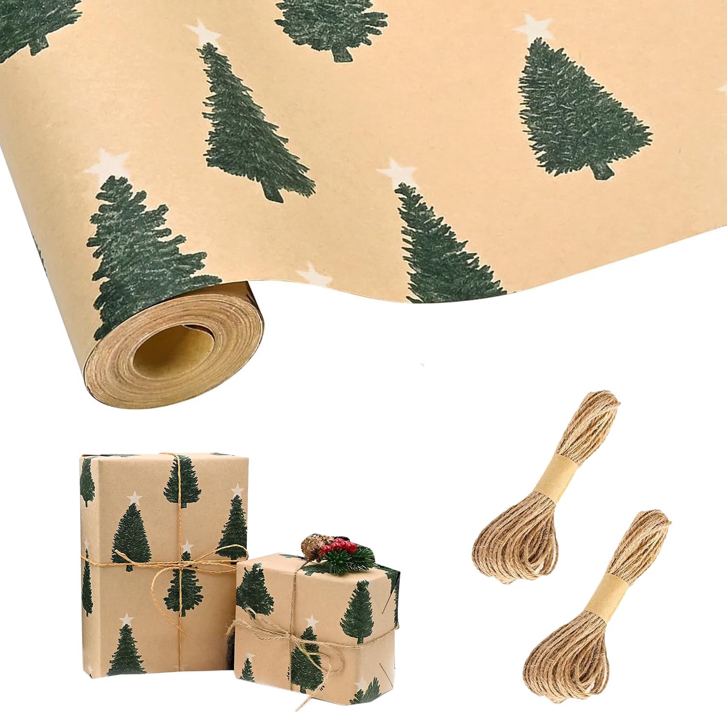 Christmas Wrapping Paper (43cmx16m) 16m Roll of Kraft Green Tree Wrapping Paper Roll,Eco-Friendly Xmas Wrap, For Present Party Christmas DIY Birthday Decorations
