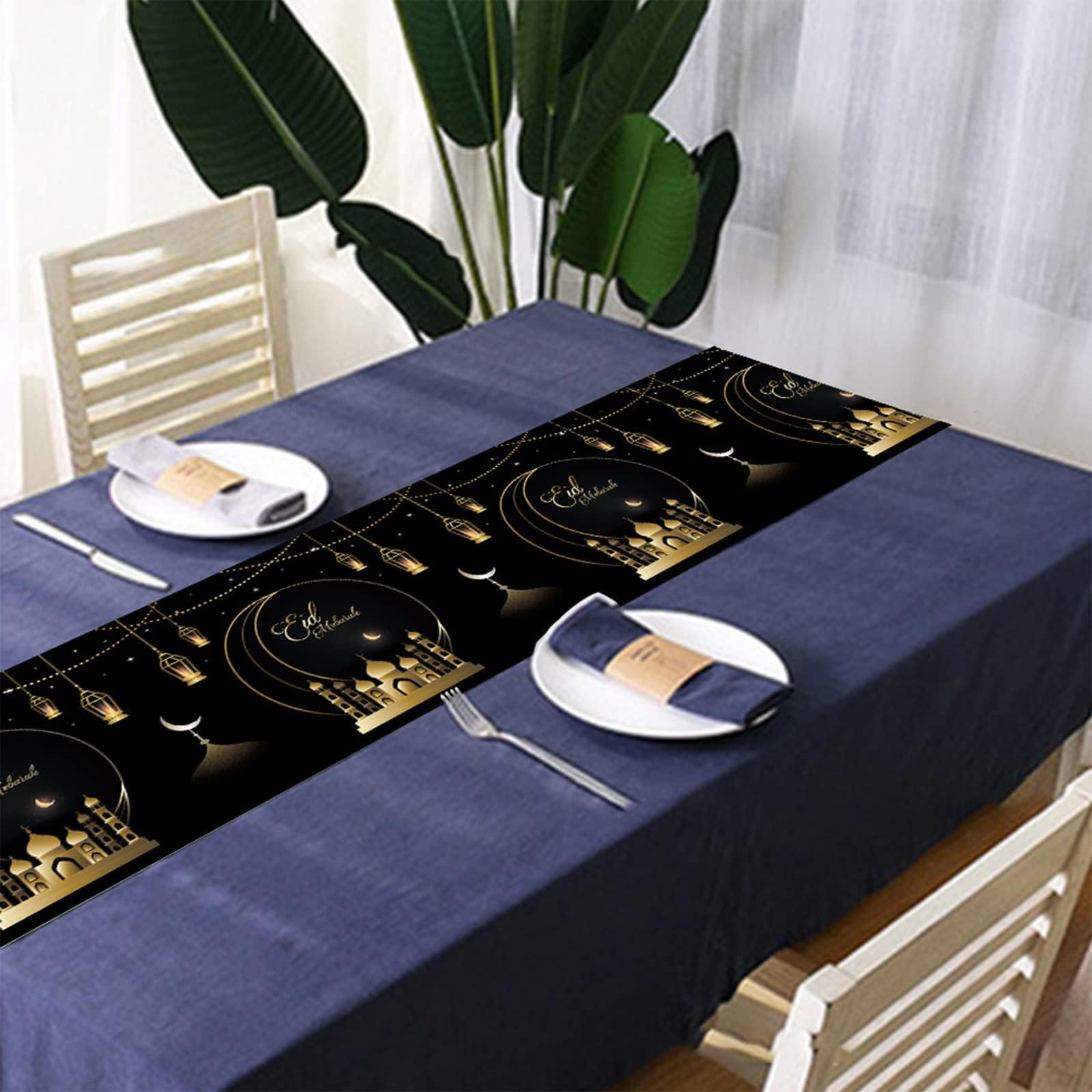Nappe De Table Ramadan Eid Mubarak - Chemin De Table 180x35cm - Décoration Fête Islamique - Blanc