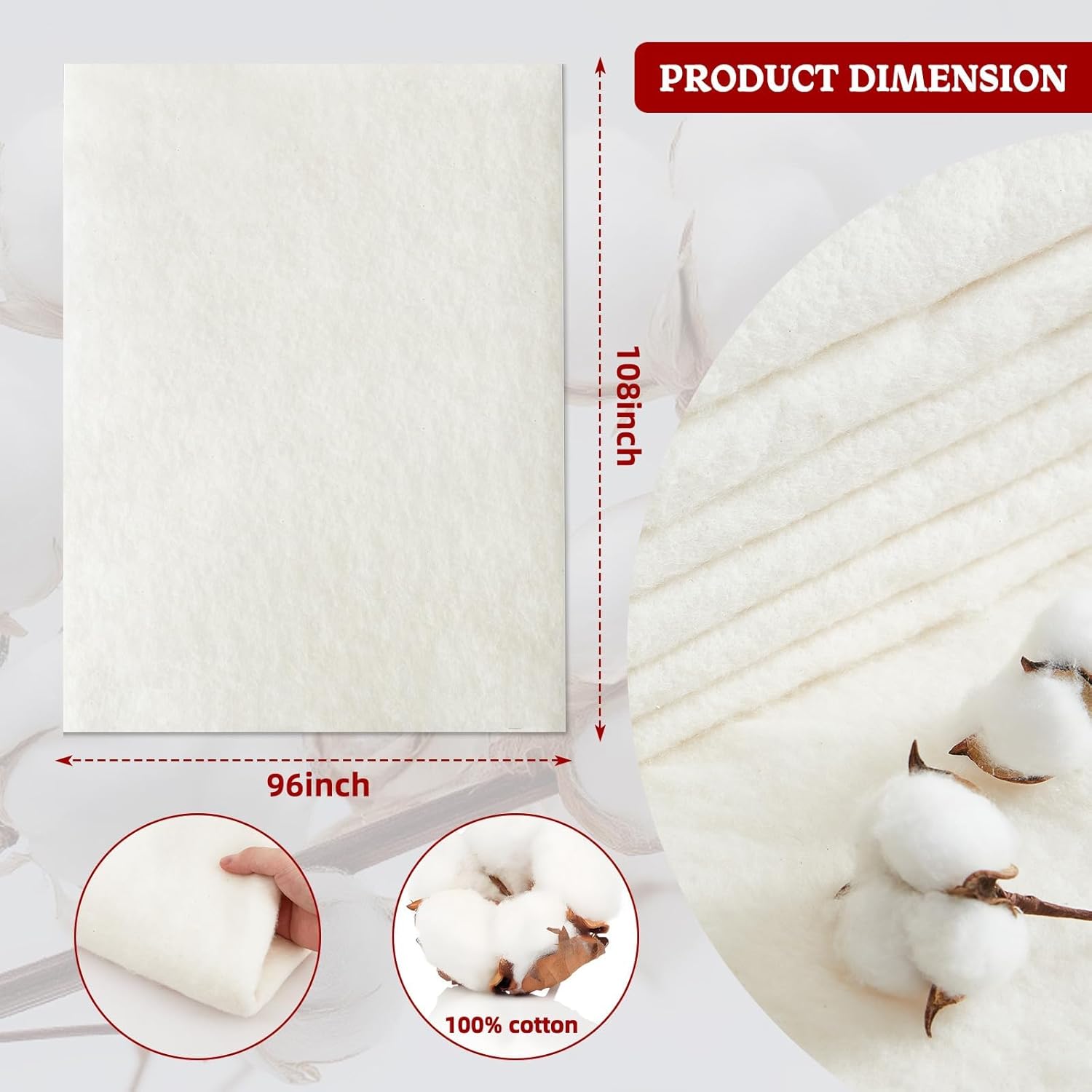 RRKTP Cotton Batting for Quilting，200 g/m² Lightweight Quilt Batting King Size，Natural All Season Comfort Cotton Stuffing, Sewing Handmade & DIY Crafts 96"×108"