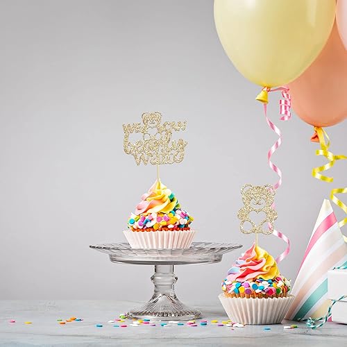 Miniatura 6 de Gyufise 24 piezas de decoración para cupcakes con texto en inglés We Can Bearly Wait (We Can Bearly Wait) para cupcakes de oso con purpurina dorada