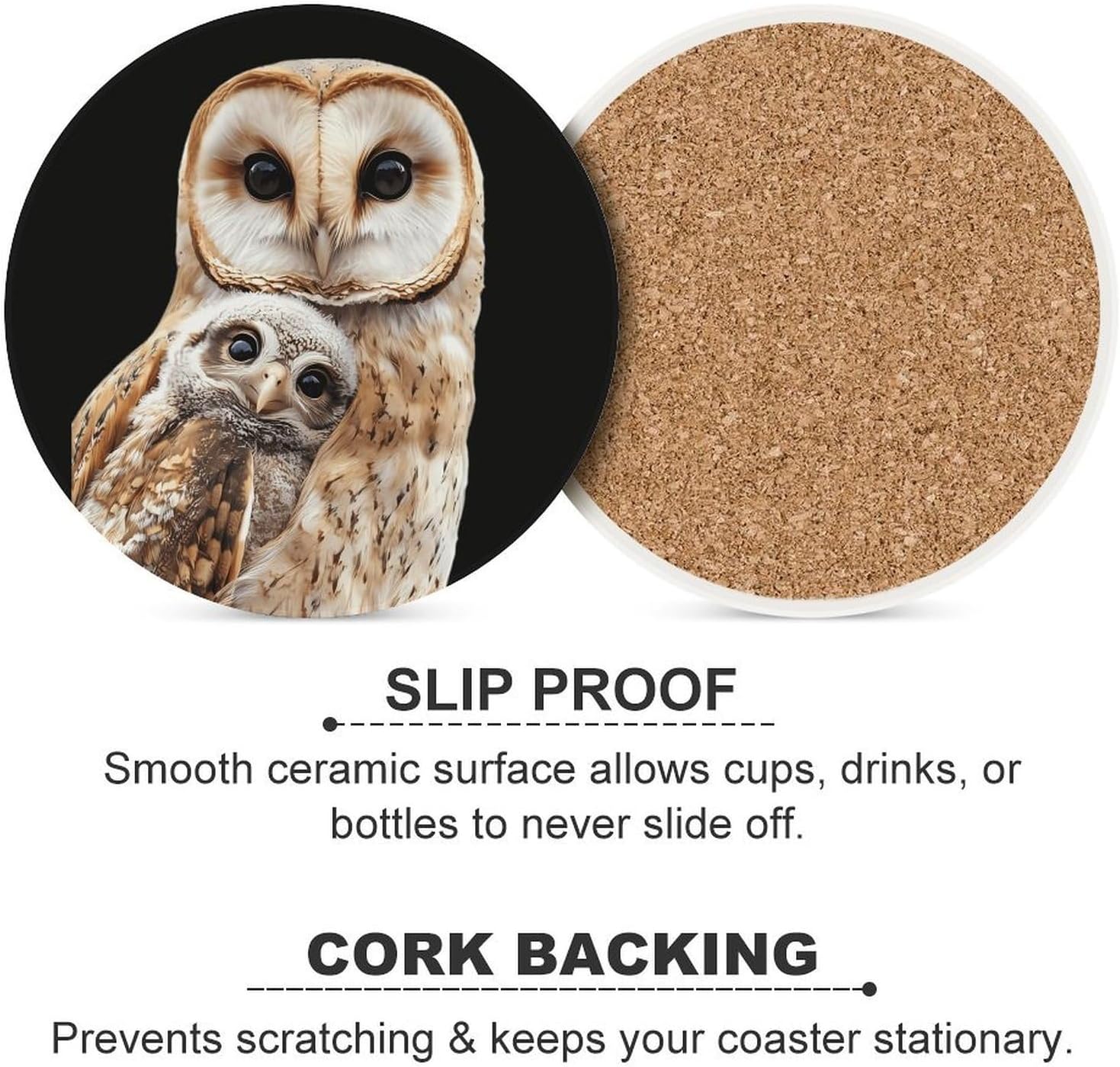 Owl Mama and Little Funny Round Ceramic Coasters for Drink Absorbent Cup Holders Tabletop Protection