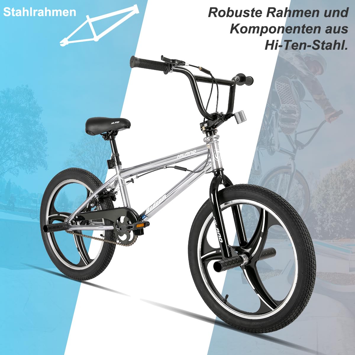 HILAND BMX Bicicletta per bambini da 20 pollici,3 razze, Per bambini e bambine di 7 anni e più，rotore a 361 gradi, freestyle,pedane single speed per bambini,Argenteo