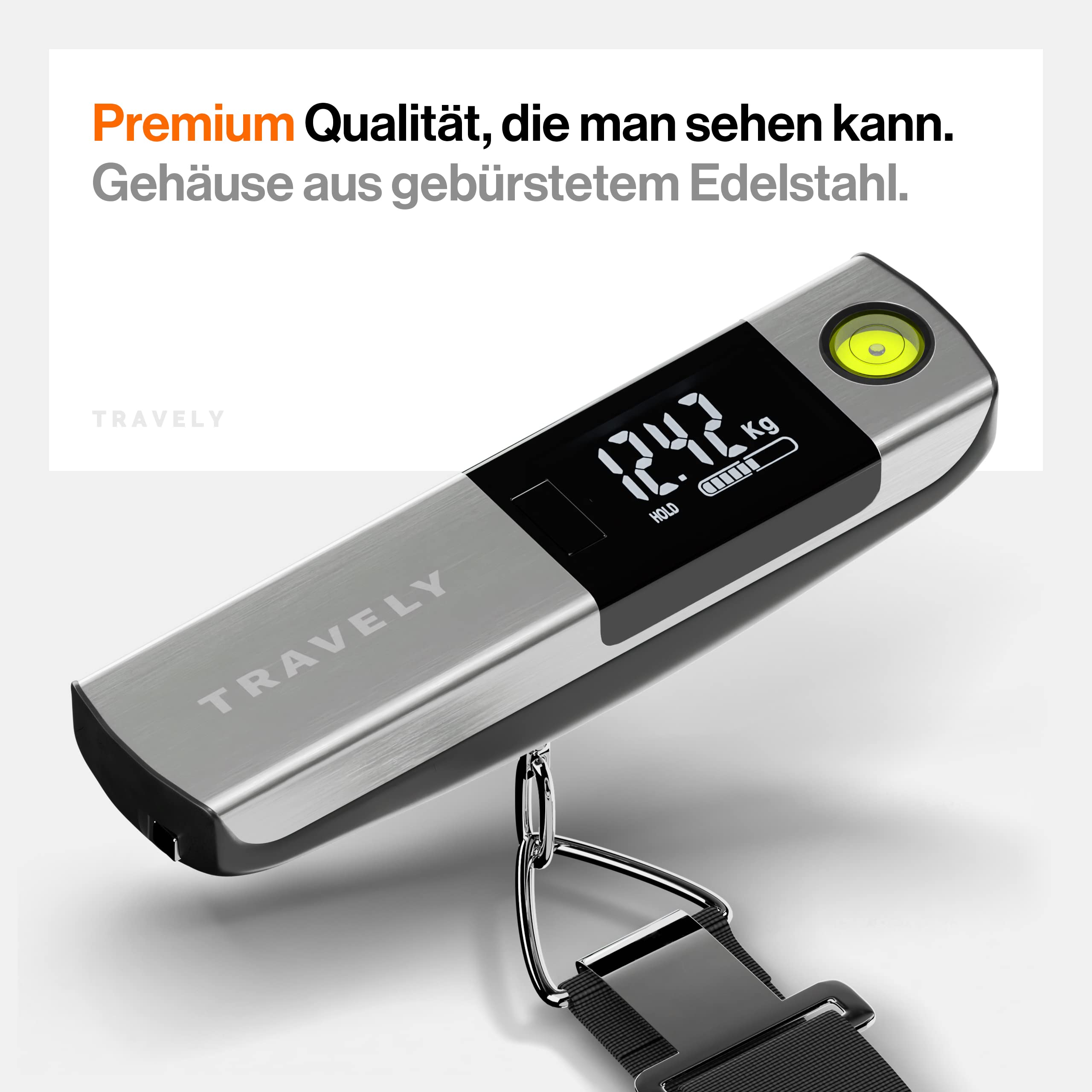 TRAVELY Premium Kofferwaage aus gebürstetem Edelstahl bis 50KG I Gepäckwaage mit praktischem Maßband und integrierter Wasserwaage für genauste Messungen. weight Scale digital mit haken