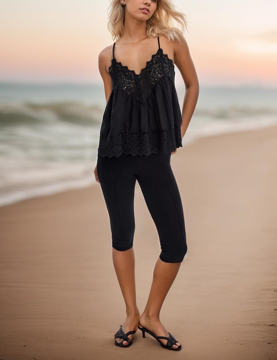 Women Adjustable Spaghetti Straps Lace Camisole Tops Scalloped Hem Racerback Tank Top Sleeveless Sheer Shirts Blouse - Image 5