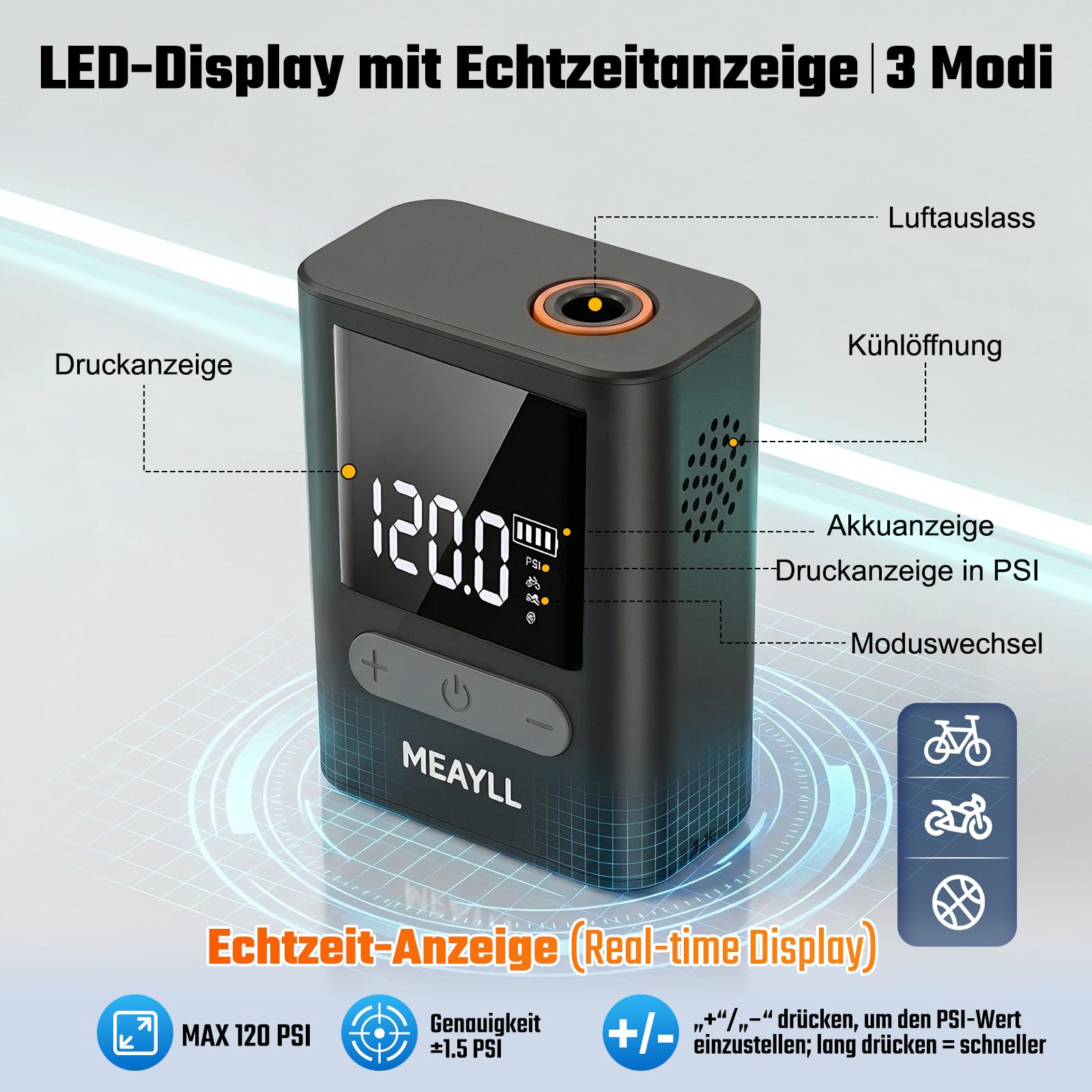 Mini Fahrradpumpe Elektrisch mit Manometer, 120 PSI Mini Pumpe für Auto-Stopp und schnelles Aufpumpen, 500 mAh Akku Luftpumpe Fahrrad mit Presta- und Schrader-Ventil für Rennrad, MTB, E-Bike, Motorrad