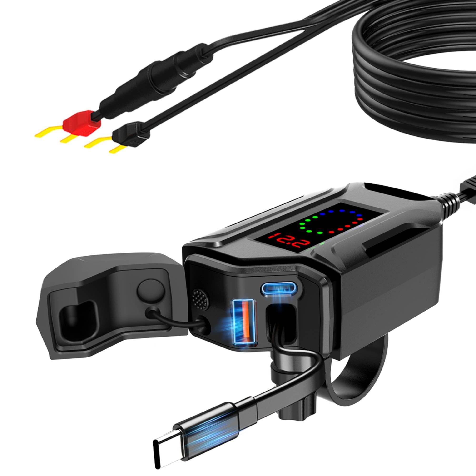 Prise USB Moto Etanche avec Un câble de Charge Rapide rétractable de Type C de 70 CM de Long, 3 en 1 Prise USB C pour Moto avec Interrupteur et voltmètre LED pour SUV Marin Bateaux (Black)