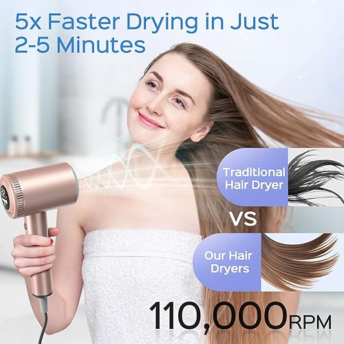 Miniatura 4 de Secador de pelo con difusor  Secador de pelo profesional de alta velocidad con motor de 110,000 RPM para secado rápido, secador de pelo de bajo