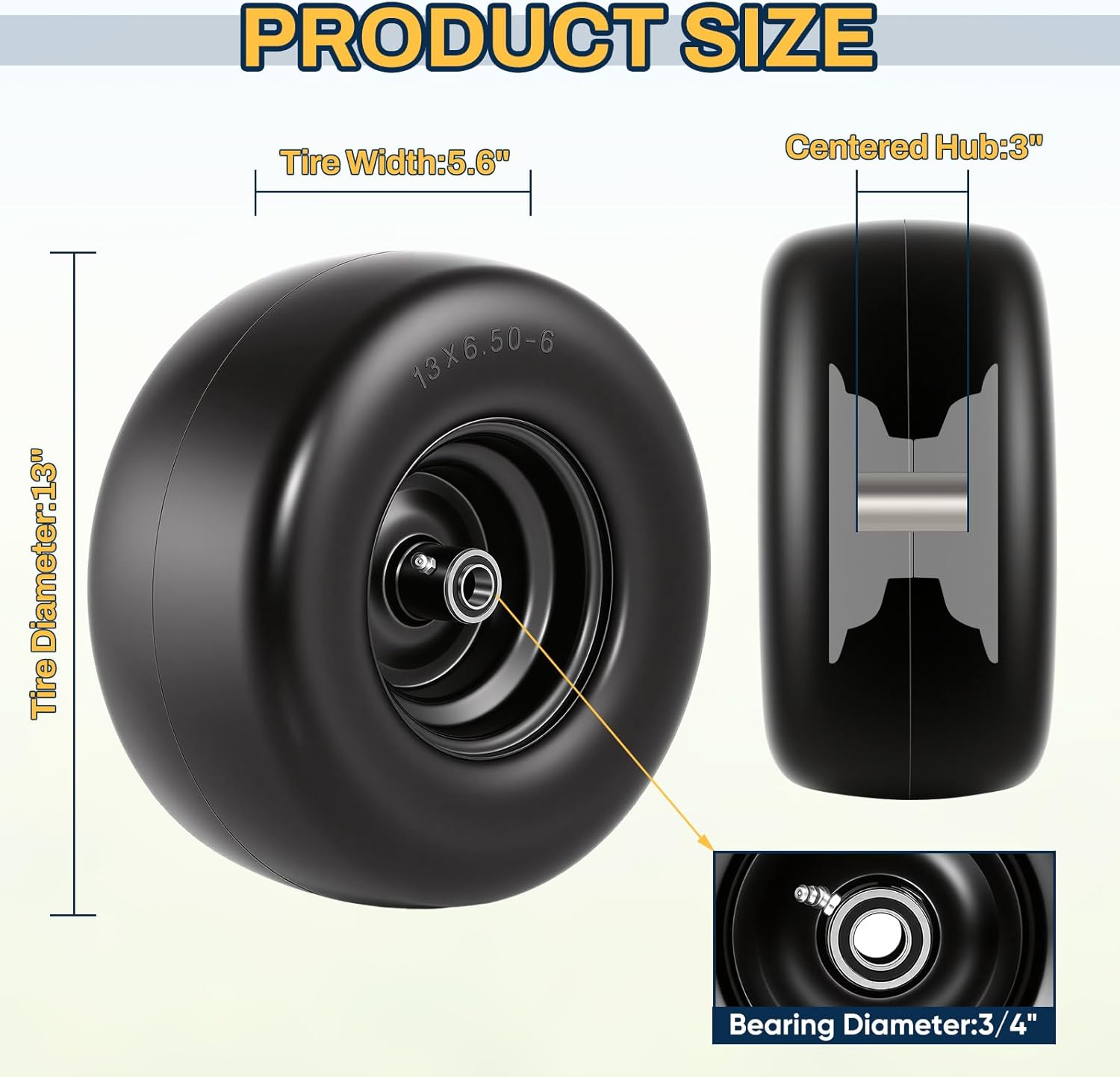 13x6.50-6 Flat Free Lawn Mower Tires and Wheel, 13x6.50-6 Solid Smooth Replacement Front Tires for Zero Turn Lawn Mowers, with 3/4" & 5/8" Bearings, 4"- 8.2" Centered Hub, 2 Pack