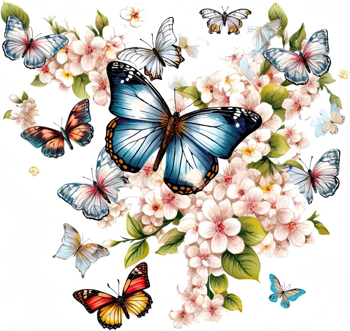 Colorful Butterfly White Flower Toilet Cover Sticker Decals,Flower leaf bird Waterproof Toilet Lid Tank Seat Decals Cistern Self-Adhesive Bathroom Wall Sticker