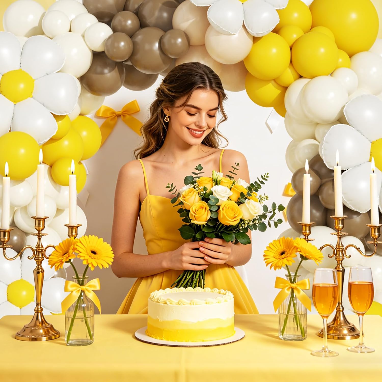 Bee Balloon Garland Arch Kit, Mustard Yellow Brown Sand White Balloons with Daisy Balloons for What Will It Bee Gender Reveal Honey Bee Baby Shower Birthday Party Decorations