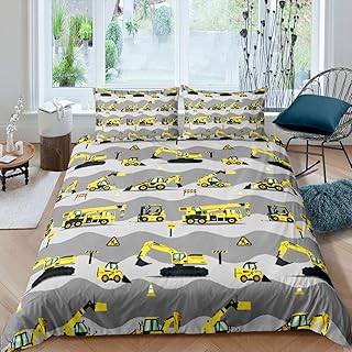 Feelyou Kids Bedding Set 3 Pcs Cartoon Construction Excavator Tractor Beddding Cover for Boys Teen, 1 Duvet Cover+ 2 Pillow Shams, Queen Decorative Comforter Cover with Zipper, Lightweight
