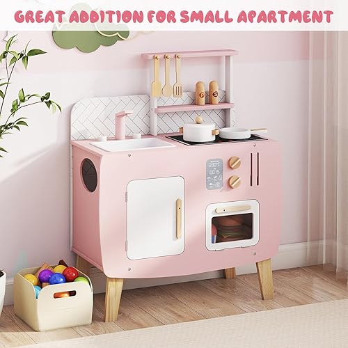 Miniatura 6 de HONEY JOY Juego de cocina rosa para niños, cocina de madera para niños pequeños, estufas, fregadero y horno, accesorios de cocina, armario de