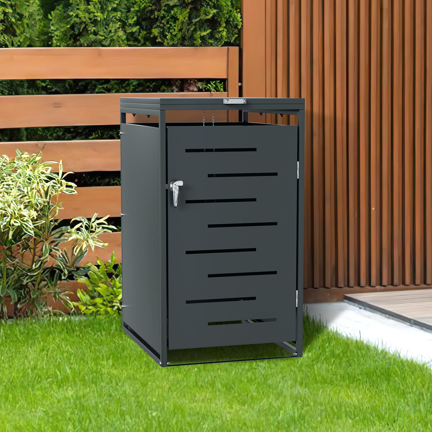 Mülltonnenbox 1er für 1 x 120L/240L Tonne, Mülltonnenverkleidung aus Verzinktem Stahl, Wetterfest, Abschließbar, mit Gasdruckdämpfer, Anthrazit