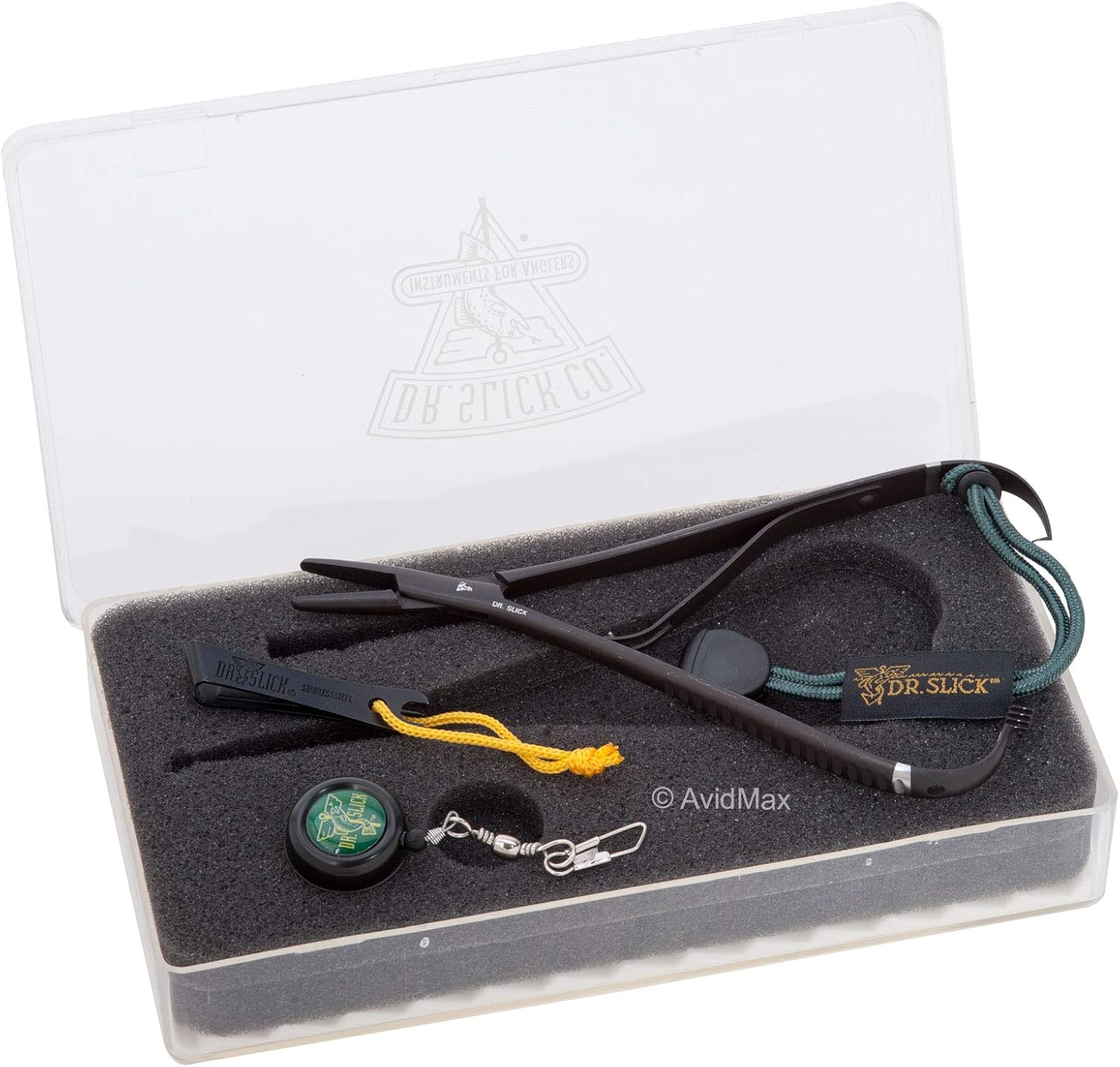 Dr. Slick Nipper, Reel & CM55B 5-1/2" Black Mitten Clamp in Large Fly Box (IMPROVED)
