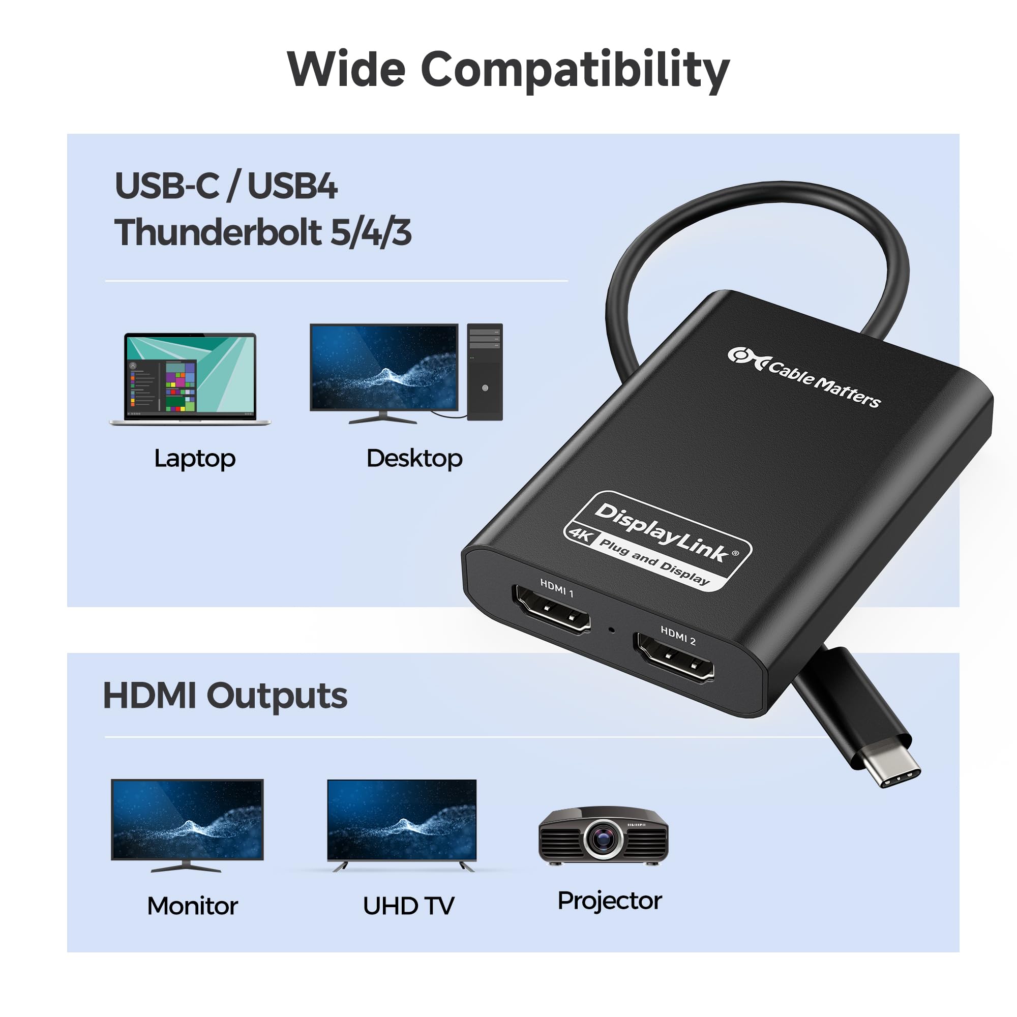 [Certificado DisplayLink] Adaptador Cable Matters USB C a HDMI dual | 2 x 4K a 60Hz, requiere controlador para macOS y Windows, para dos monitores extendidos en Mac M1/M2/M3/M4