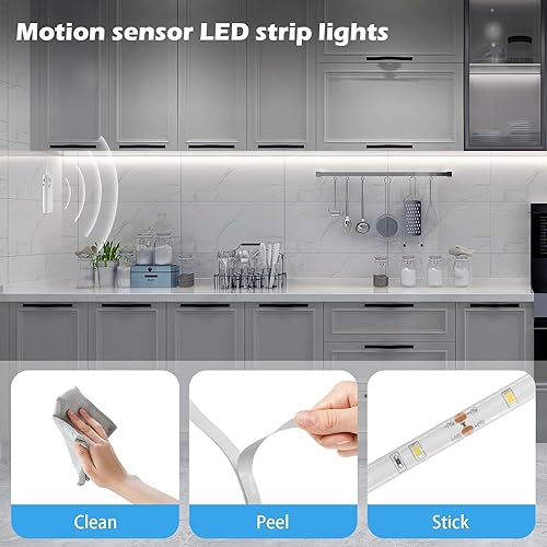 Miniatura 4 de LUXJET - Tira de luces LED recargables para gabinetes, tira de luces LED con sensor de movimiento blanco frío de 2M para dormitorio, cocina, debajo