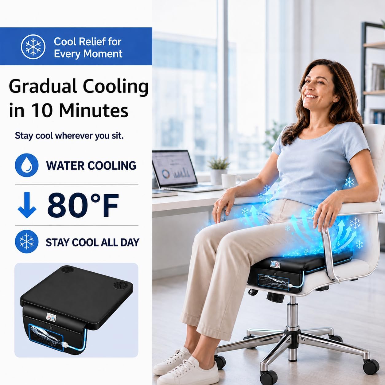 Water Cooling Seat Cushion for Car Seat & Office Chair, 3-Speed for Long Sitting, Truck Driver, Wheelchair, Travel & Stadium, USB & 12V/24V,Continuous Cooling to Around 80°F, Gift for Father, Dad