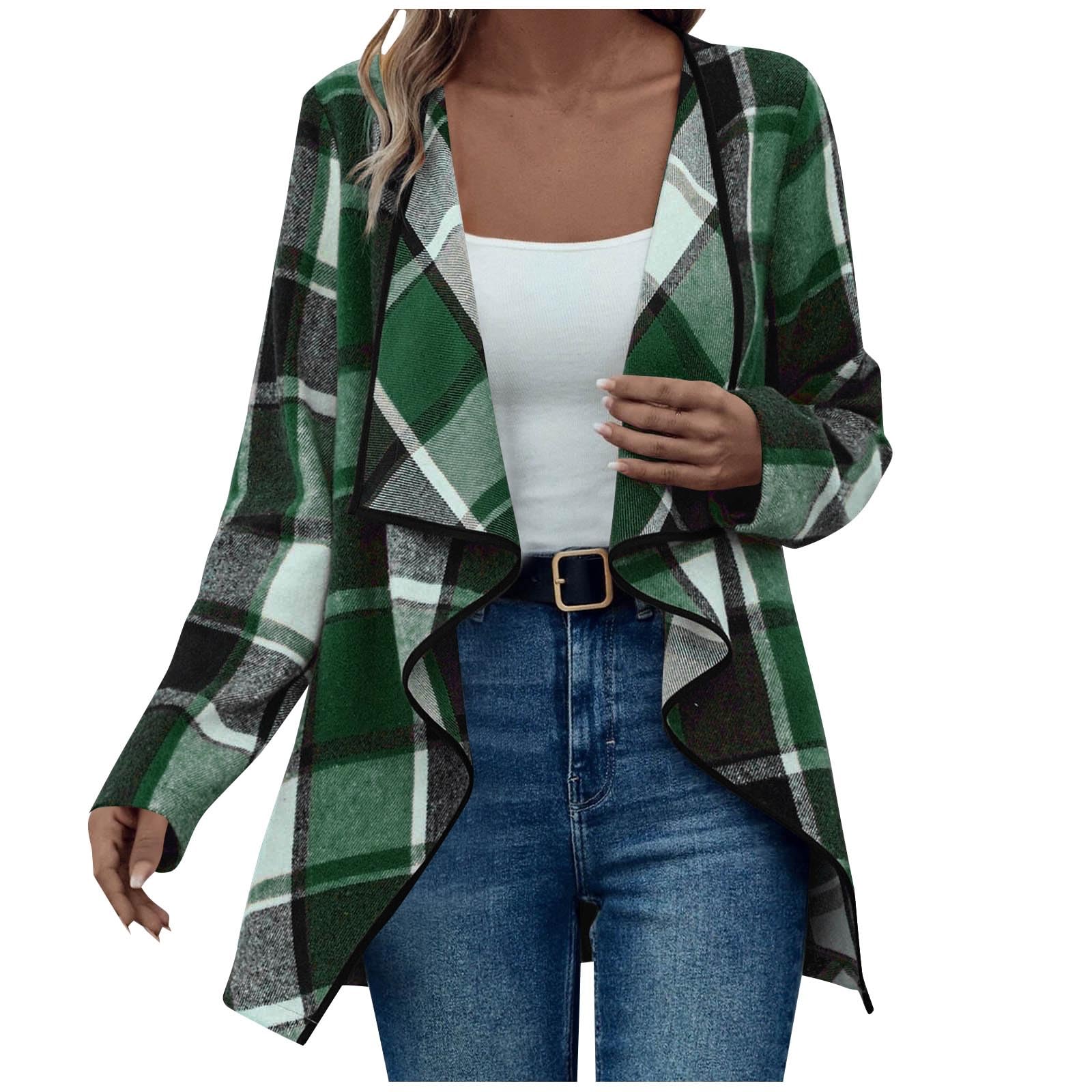 Flannel Cardigan Sweaters Women Lightweight Open Front Shawl Collar Sweater Jackets Buffalo Plaid Duster Shacket with Pockets