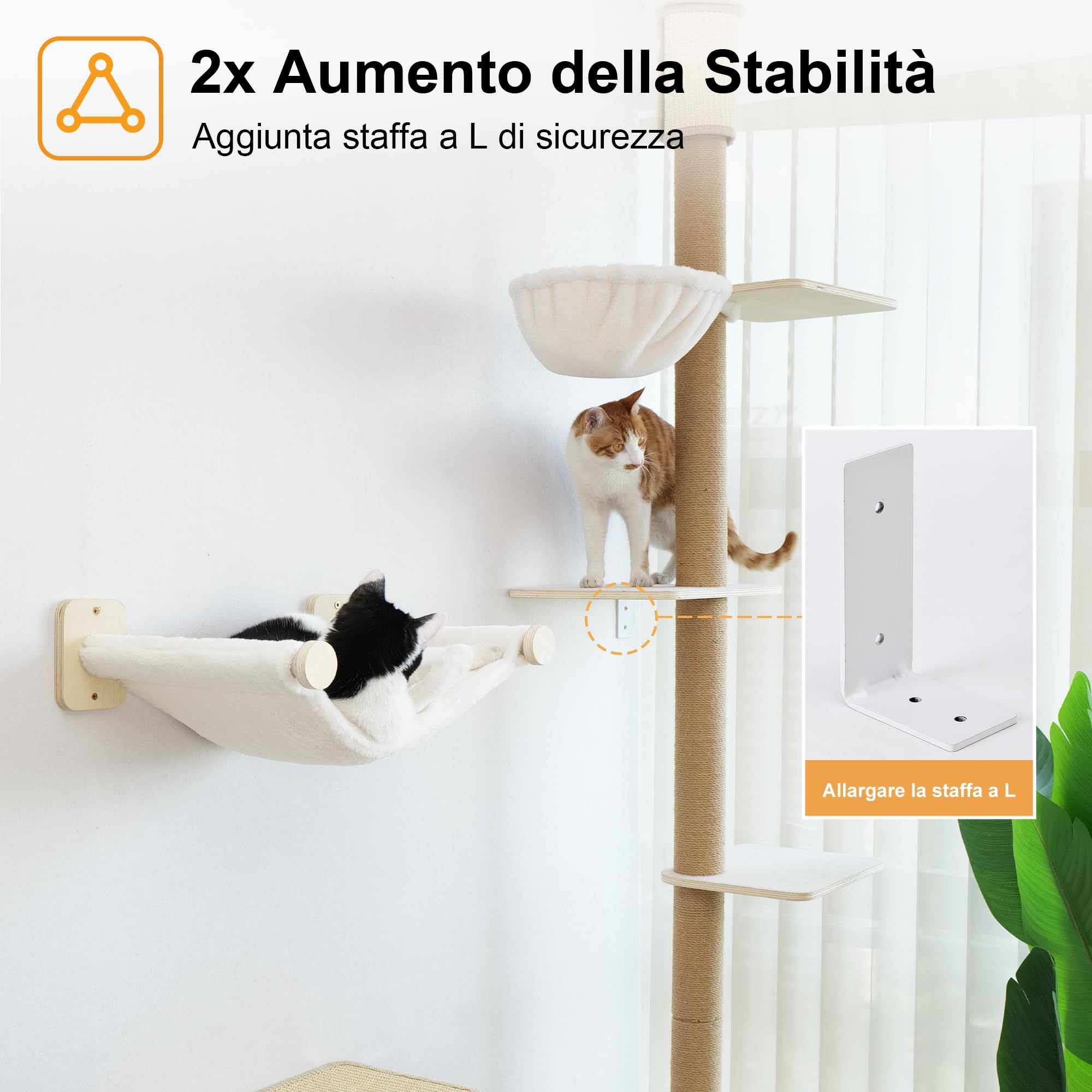 FUKUMARU Torre Tiragraffi per Gatti da Parete, Altezza Regolabile (205-270cm),Tiragraffi da Arrampicata al Soffitto a 4 Livelli, Albero con Colonna Tiragraffi di Sisal, Mensola e Amaca per Gatti