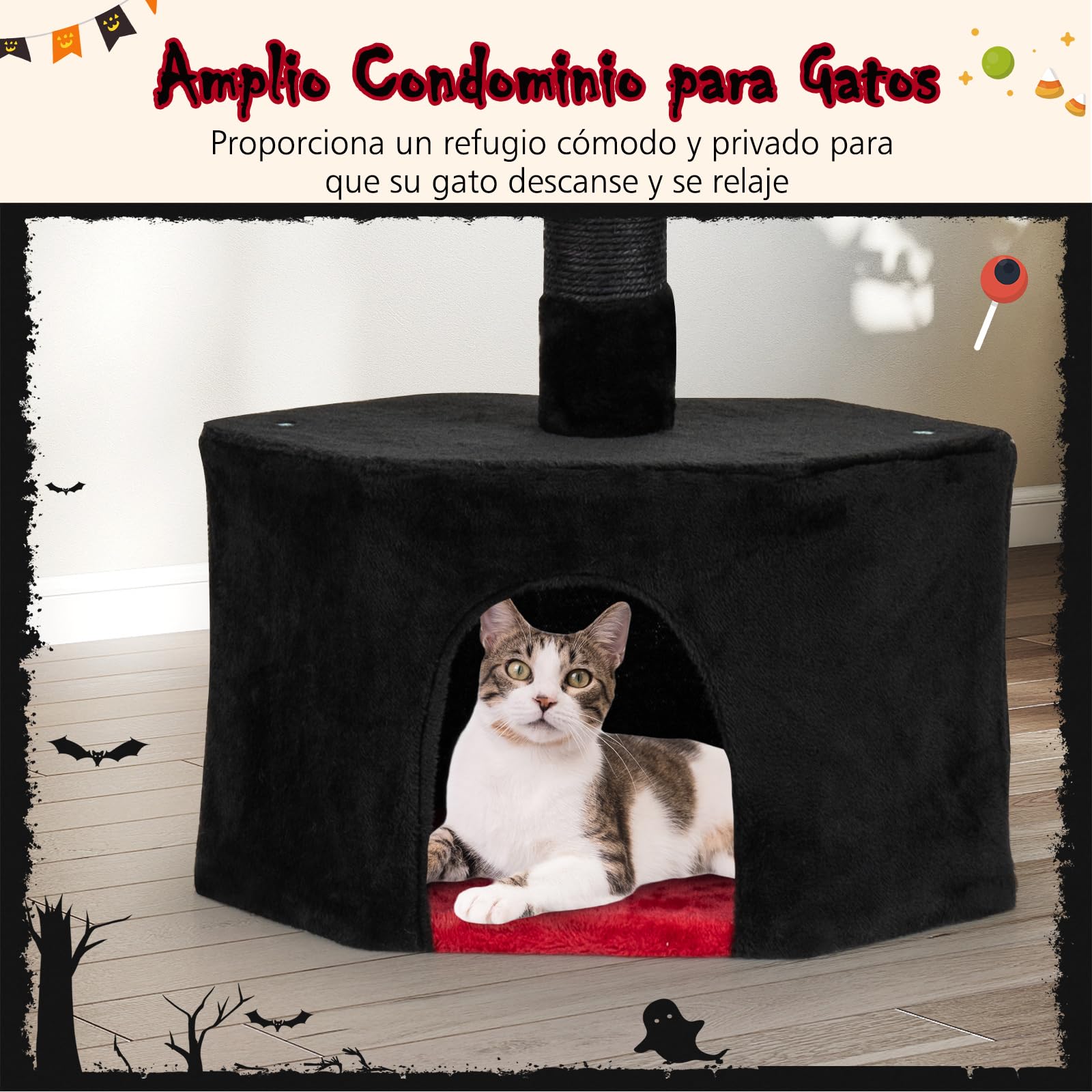 COSTWAY Árbol Rascador para Gatos Gótico de Suelo a Techo, Ajustable de 245-300 cm, Torre Alta de 5 Niveles con Caseta, Hamaca, Postes Rascadores de Sisal, Bola Colgante, Casa de Juegos para Gatitos