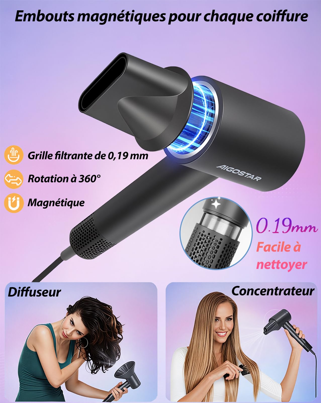 Aigostar Sèche-cheveux Ionique Professionnel avec Diffuseur Magnétique