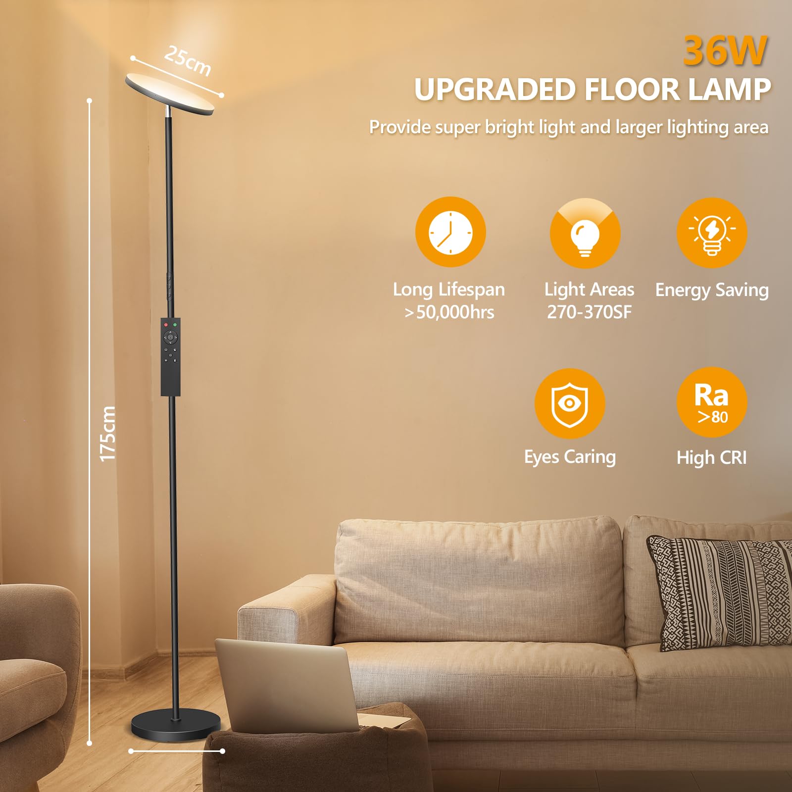 LUCKEA Lampa podłogowa LED 36 W do salonu, 3000 lm, super jasna, ściemnialna lampa podłogowa, 2700 K-6500K bezstopniowa ściemnianie, pilot i sterowanie dotykowe do salonu, sypialni i biura