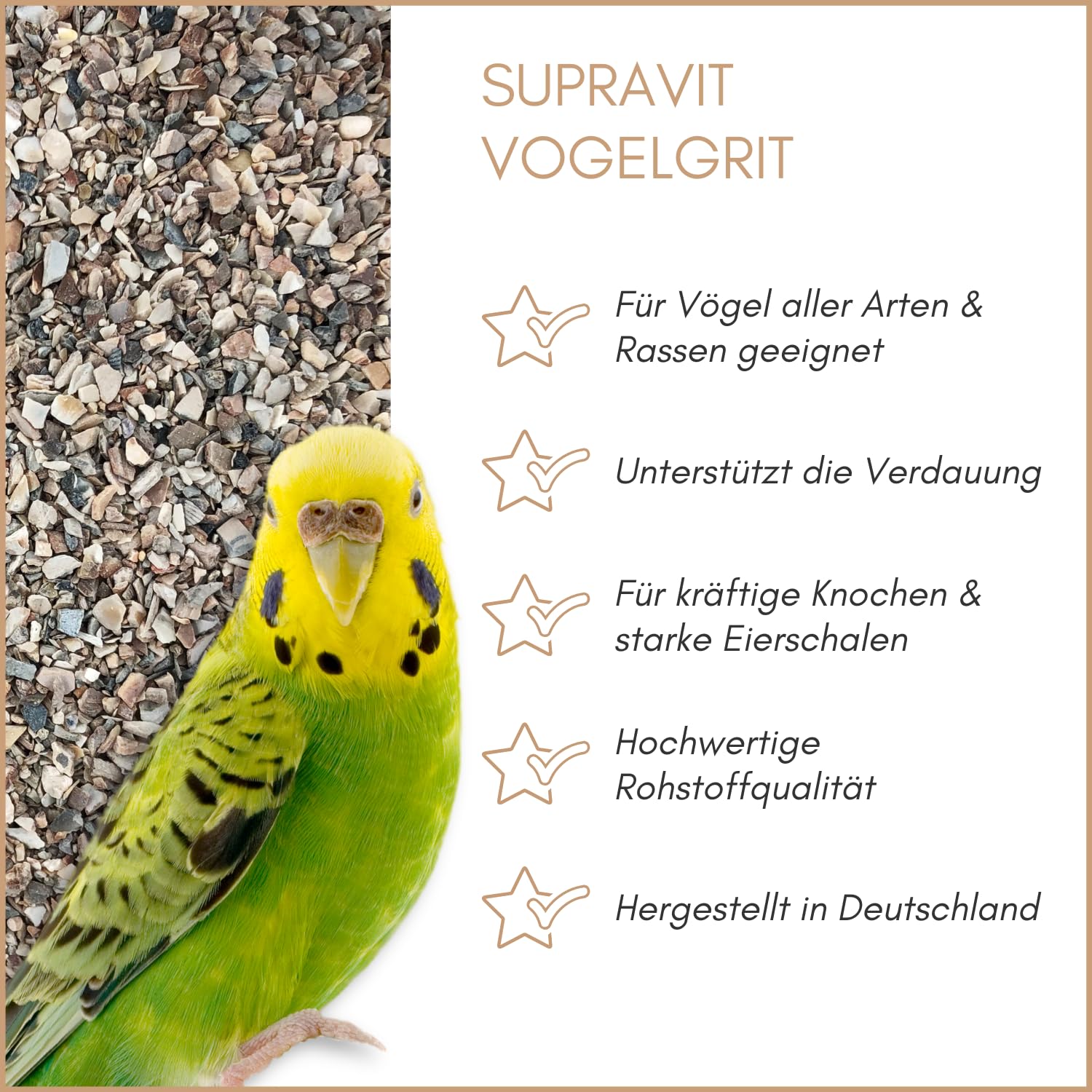 Supravit Vogelgrit 4kg – Grit für Vögel & Geflügel – Mineralgrit mit Calcium für Wellensittiche, Papageien, Nymphensittiche, Tauben & Hühner – Verdauungshilfe & Ergänzungsfutter