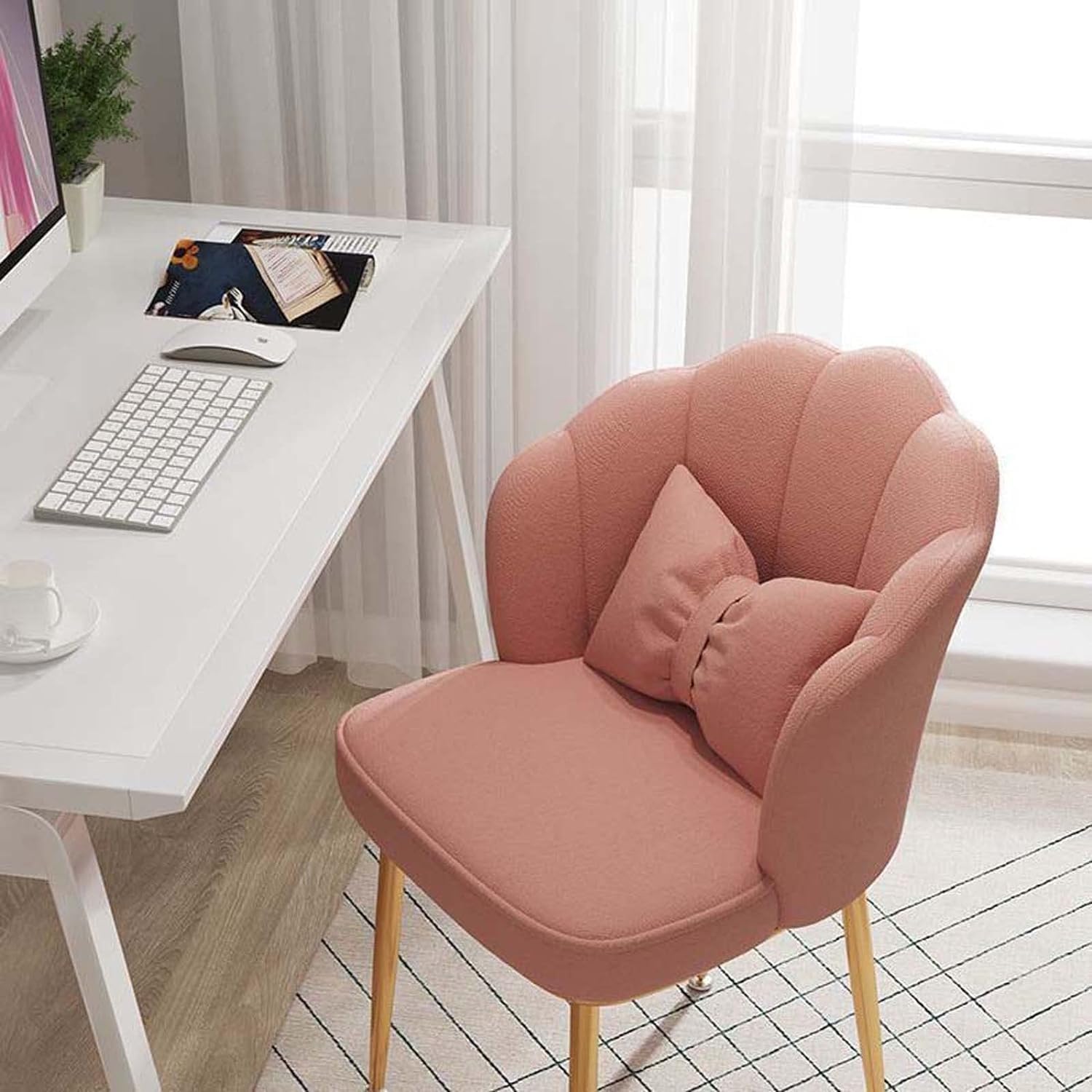 Chaise de bureau moderne avec grand design de coquillage et pieds en métal, jolie chaise de bureau, salle à manger, maquillage, chaise avec coussin pour chambre à coucher, pieds vert/doré