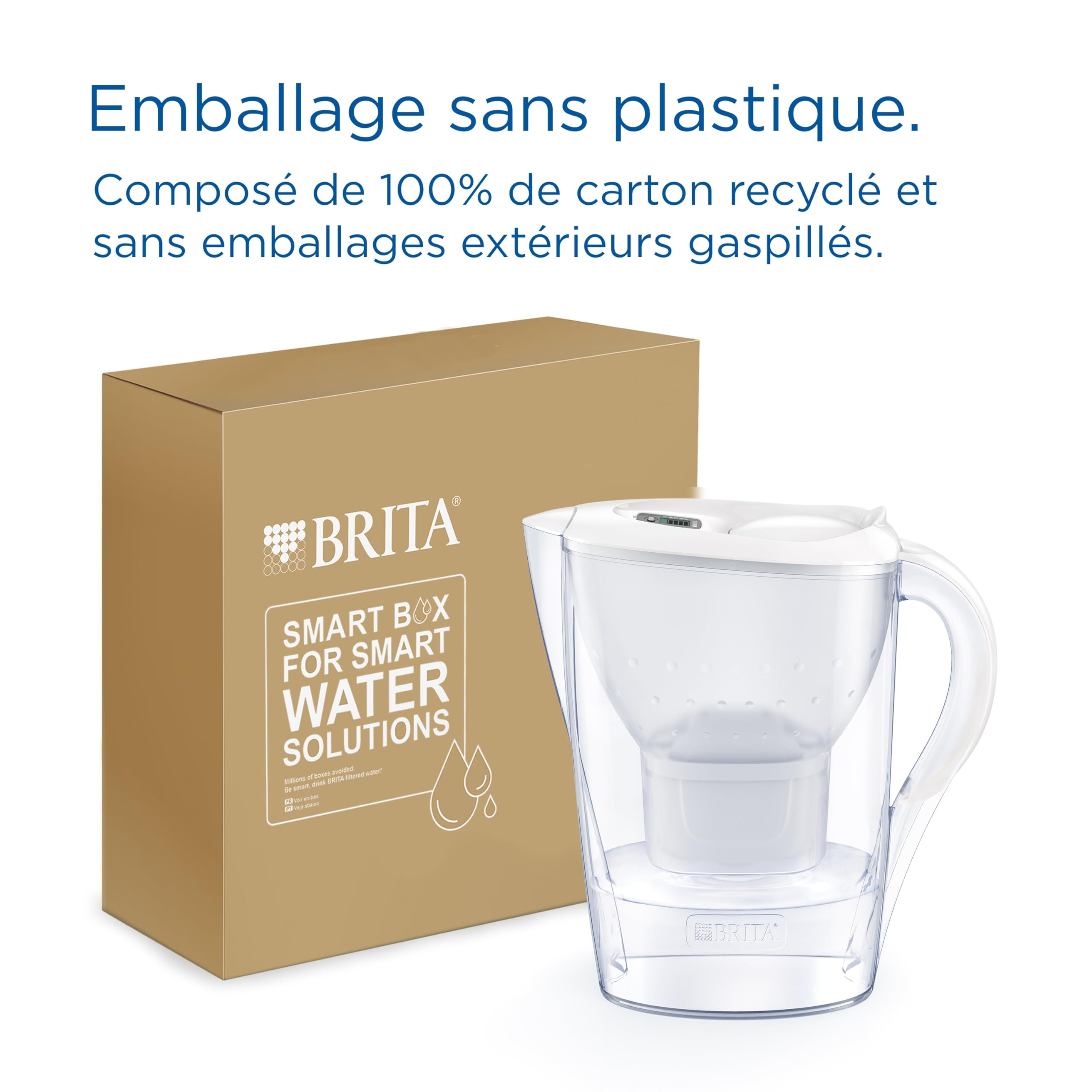 BRITA Carafe Filtrante Marella Blanche (2,4l) incl 3 cartouches filtrantes eau robinet MAXTRA PRO All-in-1 réduit PFAS,calcaire, chlore, certaines impuretés et métaux indicateur temporel éco-emballage