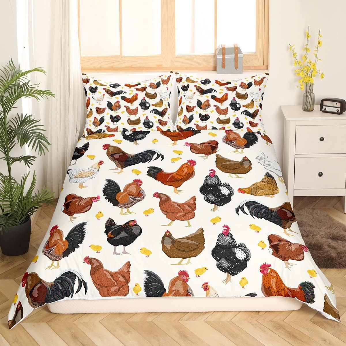 Feelyou Chicken Comforter Cover Cute Chicken Pattern Bedding Set for Boys Girls Children 3D Animals Theme Duvet Cover Room Decor King Size Quilt Cover 3Pcs