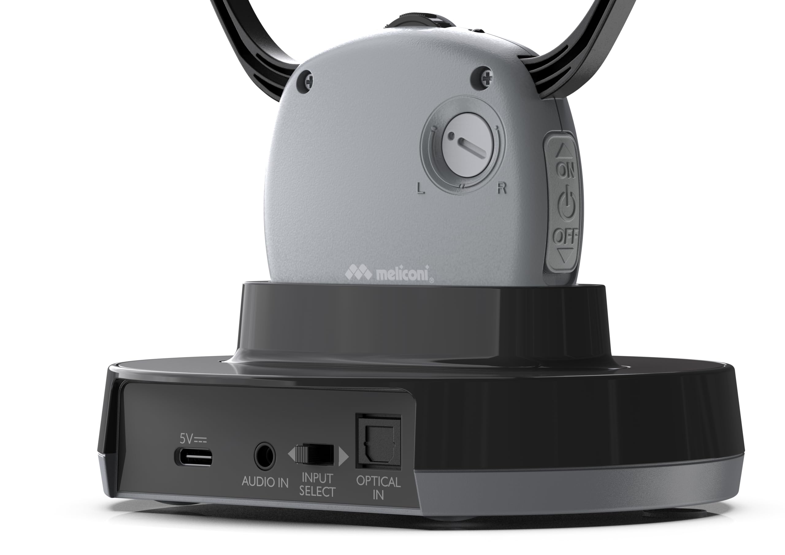 Meliconi Zestaw słuchawkowy do telewizora Easy Audio, cyfrowy model Steto z wejściem optycznym, mikrofonem otoczenia, regulacją głośności, podstawą ładowania, zasięg 20 m, zrównoważony dźwięk do