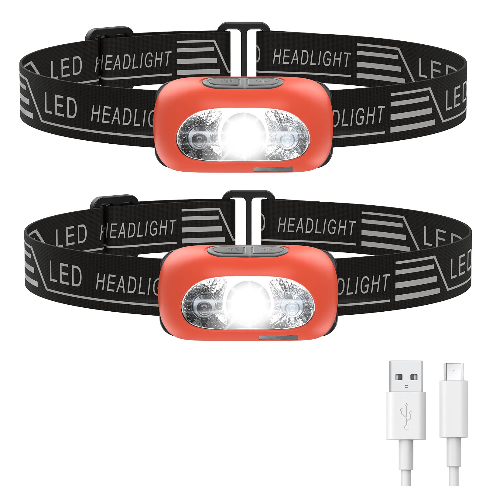 XINYANG 2PCS LED Headlamp,USB Rechargeable with Motion Sensor Head Torch,Waterproof Headlamp Flashlight, 5 Lighting Modes Headlights for Camping, Climbing, Hiking, Fishing, Night Reading, Running