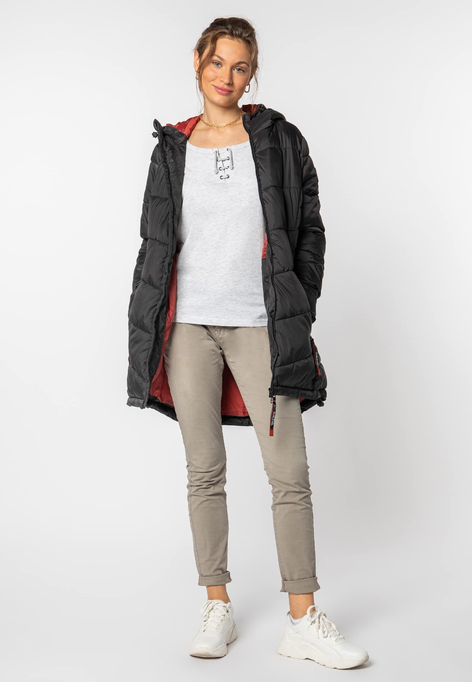 Sublevel Damen Winterjacke Stepp-Mantel mit Kapuze lang & tailliert, Outdoorjacke für Damen
