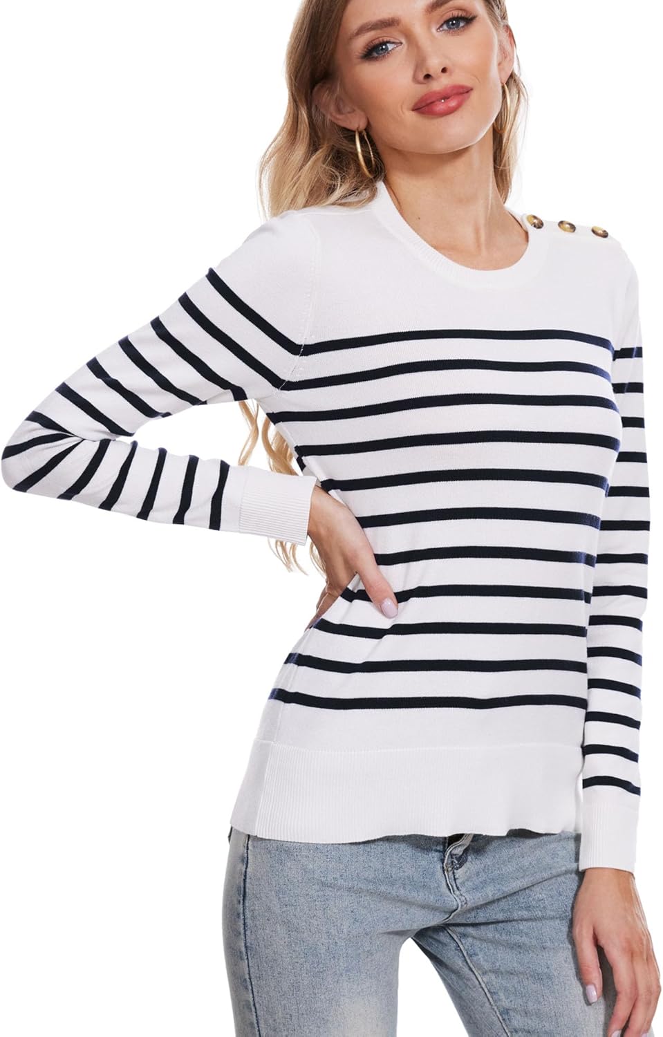 Spicy Sandia Women's Lightweight Long Sleeve Crew Neck Sweaters Striped Casual Knit Pullover Tops - Image 4