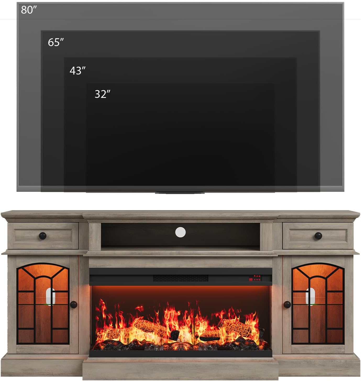 QUW 70" Farmhouse Fireplace TV Stand for TVs up to 80", Entertainment Center with 36" 3-Side Glass Electric Fireplace with Open Shelf and Cabinet, TV Console for Living Room, Grey - Image 3
