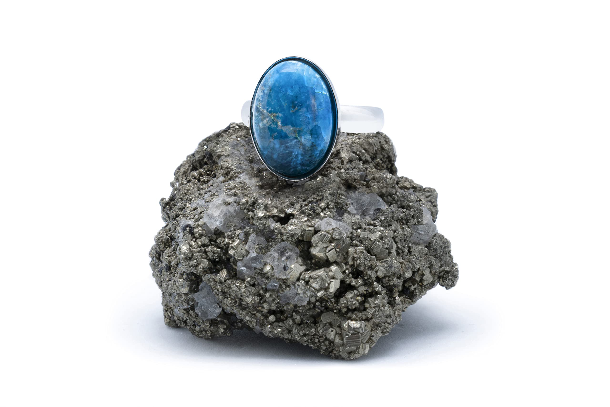 Anillo de Plata 925 con Apatito (Piedra Natural) 14x10mm - Disponible Anillo Ajustable, Tamaño de XS a XXXL, para Hombre, para Mujer - Caja Regalo Gratis