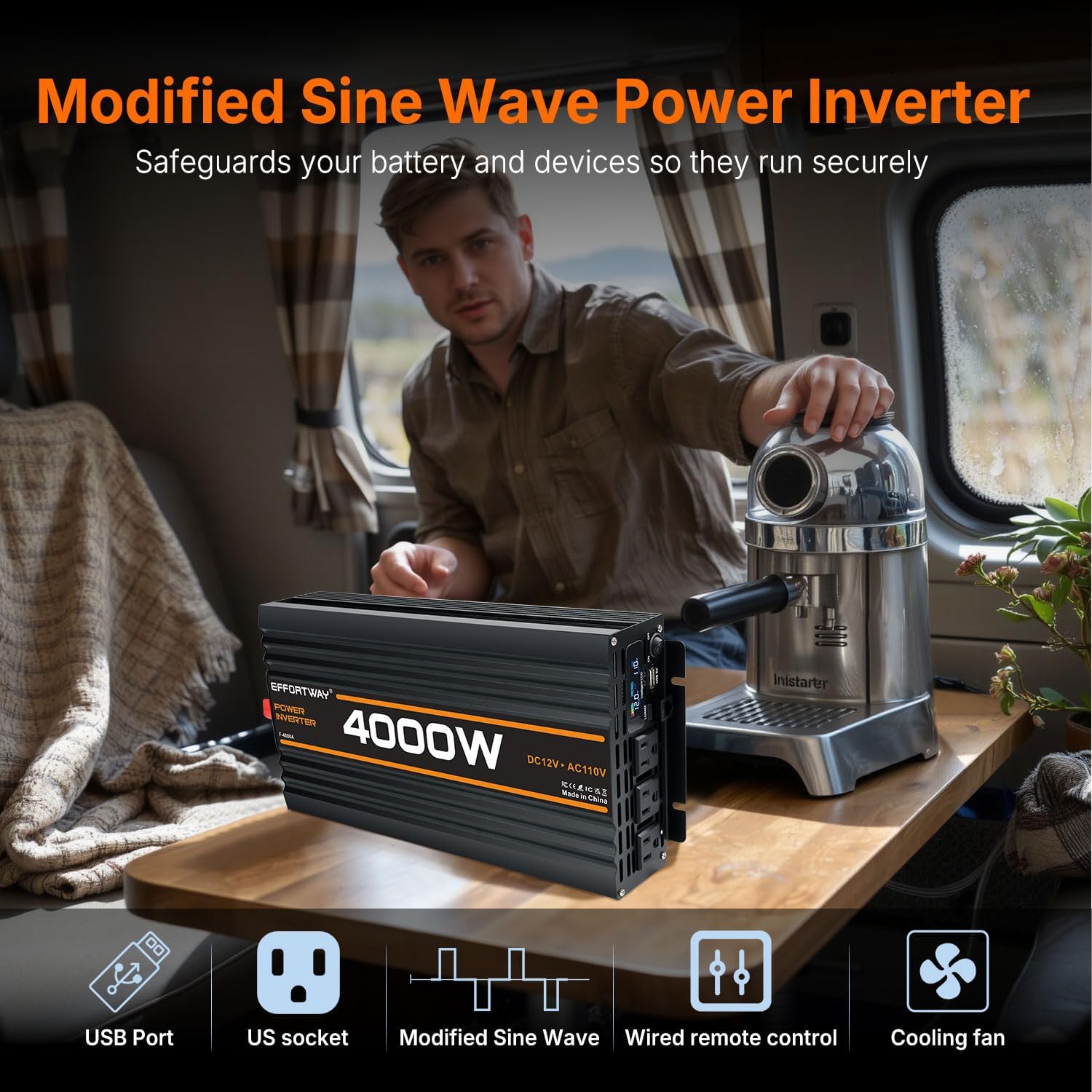 4000W Power Inverter, 12V DC to 110V/120V Modified Sine Wave Inverter with 3 AC Outlets, USB Port, Wired Remote Controller, Car Power Inverter for RV, Truck, Boat, Camping, Off-Grid