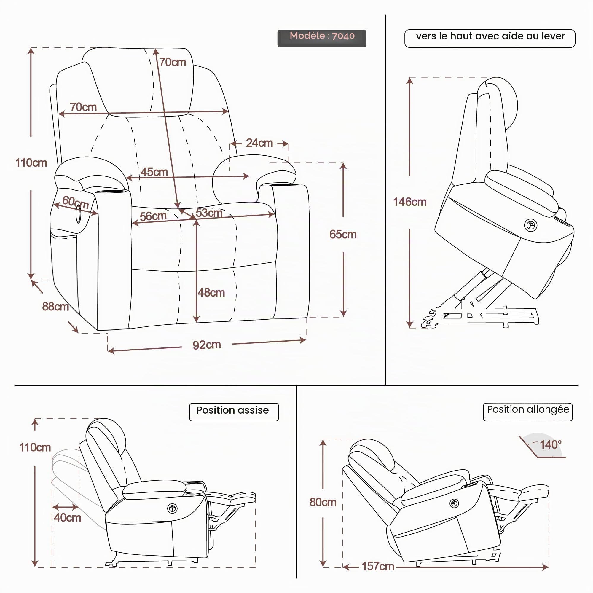 MCombo Fauteuil électrique Chauffant Chauffant réglable par USB Crème