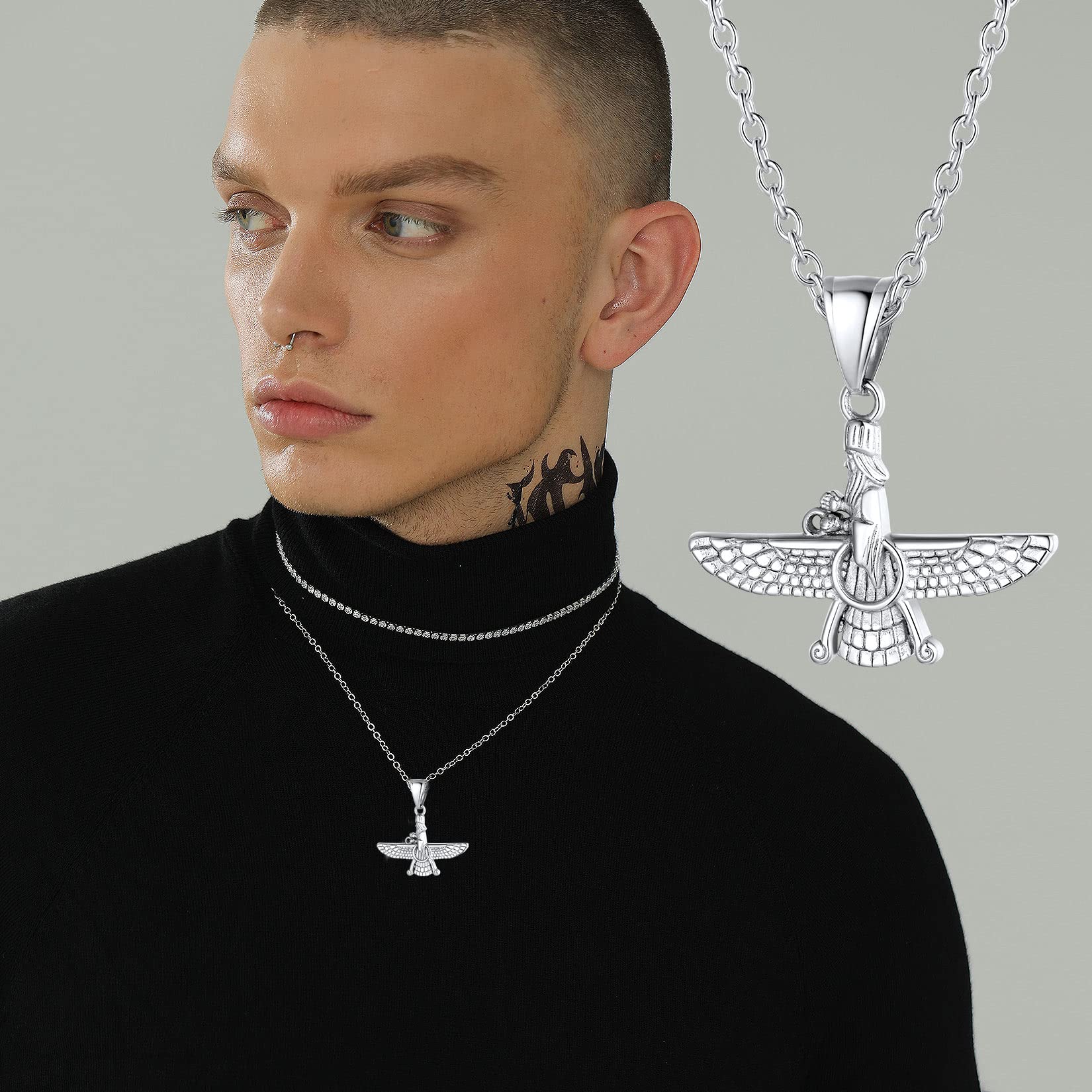 U7 Naszyjnik z Faravaharem, Faroharem ze stali nierdzewnej, amulet zoroastryzmu, irański, perski, modna biżuteria dla mężczyzn