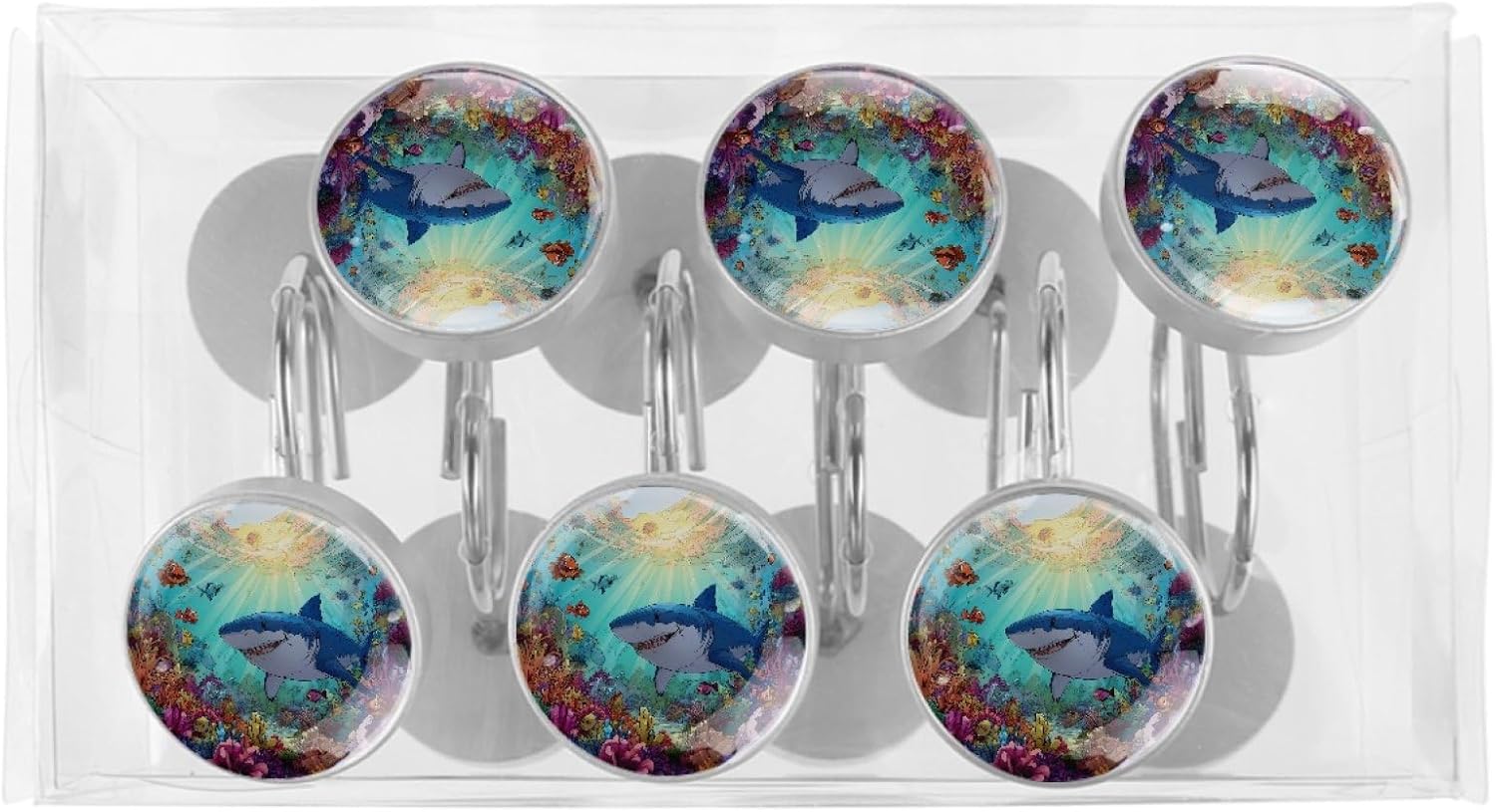 12 PCS Ocean Shark Fish and Flower Shower Curtain Hooks, Rustproof Crystal Glass Shower Curtain Rings Decorative Shower Hooks, Round Shower Rings Hangers, Home Bathroom Bedroom Decor