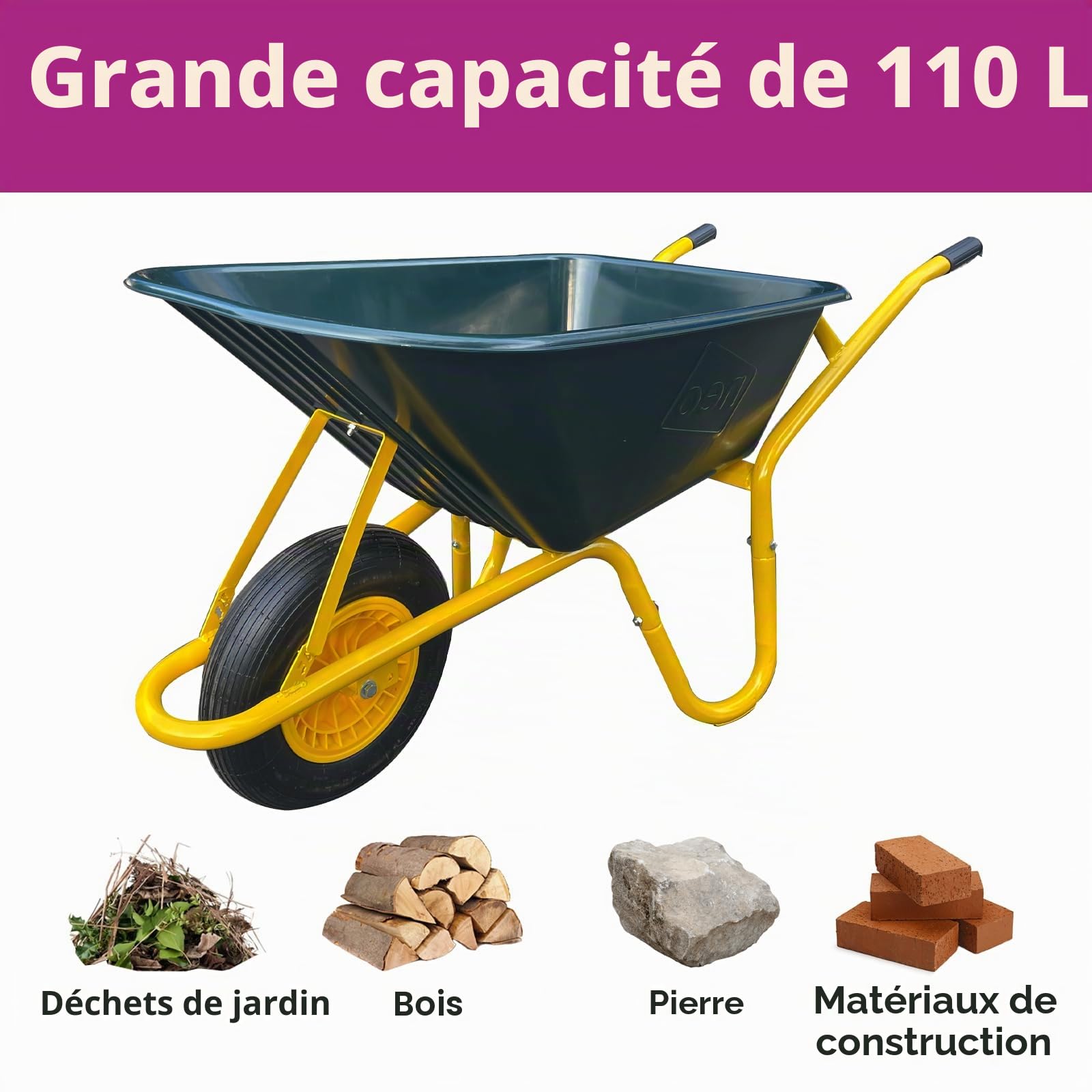 Neo Brouette de jardin robuste 110 L 150 kg en plastique durable avec plateau vert