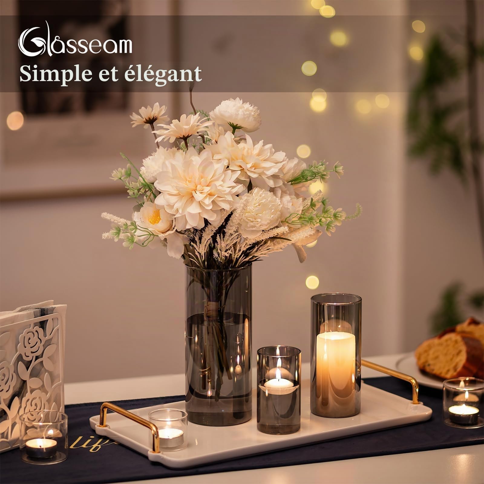 Glasseam Vase Cylindrique en Verre Gris : 6pcs Vases à Fleurs Modernes pour Centre De Table - Bougeoirs Ouragan DéCoratifs Vase à Tulipes en Herbe De La Pampa pour Fleurs (10/15/20cm)