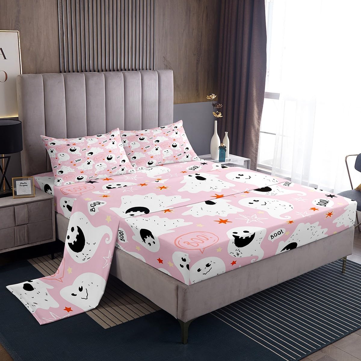 Feelyou Halloween Fitted Sheet Ghost Pink Full Size Bedding Set Decoration for Kids Boys Girls Happy Funny Halloween Cute Sheets Set Kawaii Bed Sheet Set Collection