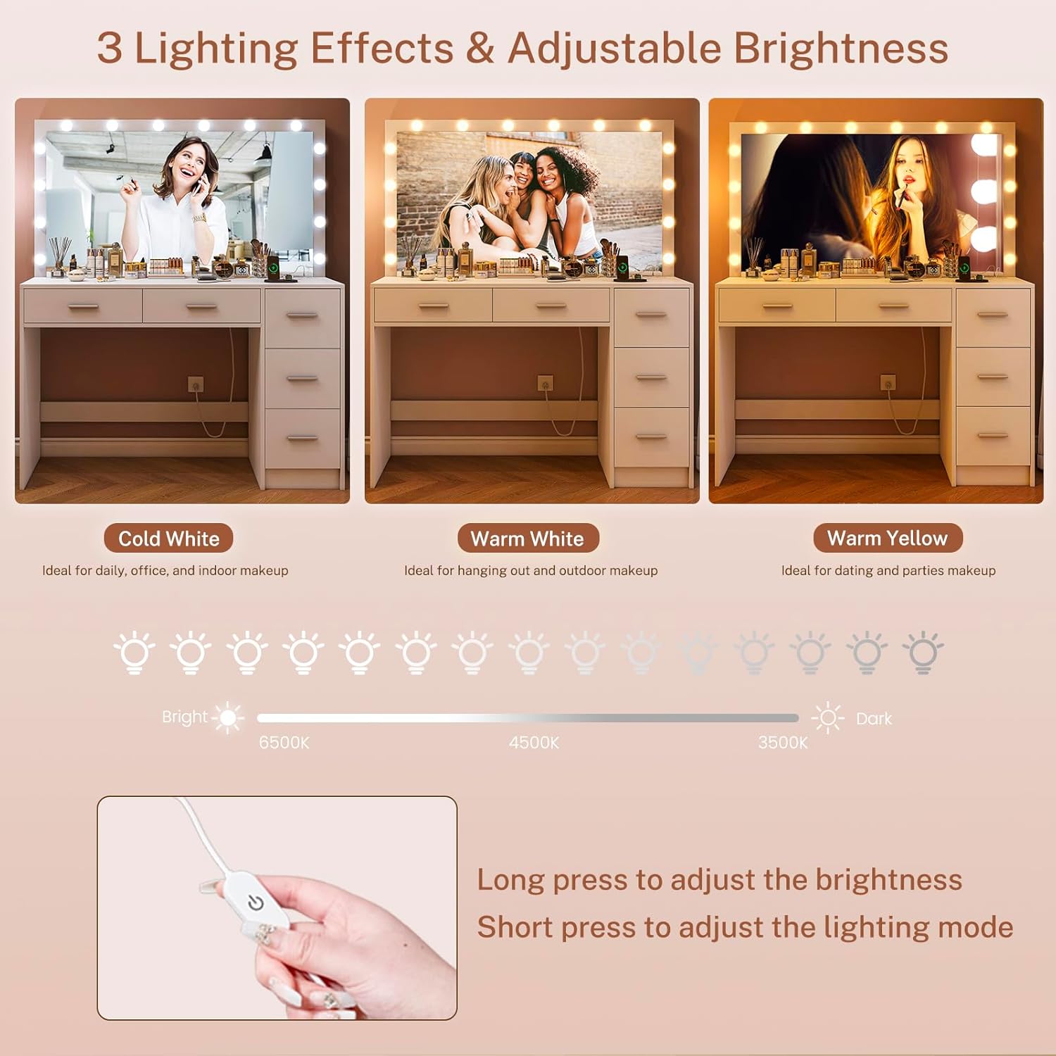 47.2" Large Vanity Desk with Mirror & 14 LED Lights, Makeup Vanity Table with 5 Drawers & Charging Station, Makeup Vanity Desk, 3 Lighting Colors, Dressing Vanity Table for Bedroom, White 47.2" White