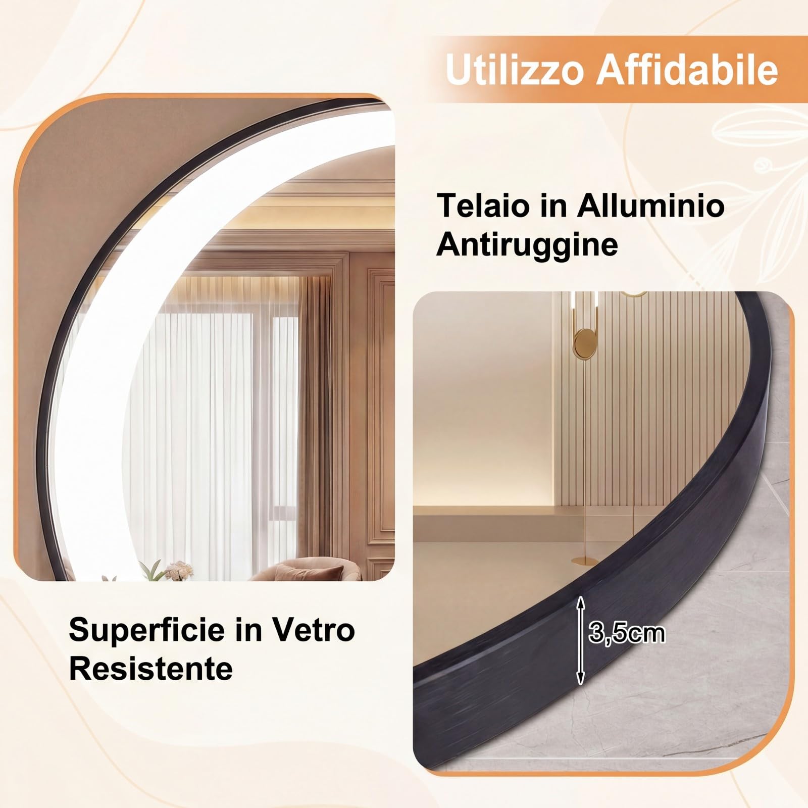 COSTWAY Specchio Bagno con Luce LED da 61 cm, Specchio Rotondo da Parete con Lente d'Ingrandimento 3X, Antiappannamento, 3 Colori Luce, 3000K-6500K, Luminosità Regolabile, IP44