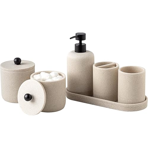 Bathroom Accessories Set, 6 PCS Modern Bathroom Accessory Set with 15.2 OZ Soap Dispenser, Toothbrush Holder, Vanity Tray, Tumbler, 2 PCS Qtip Holders (Beige)