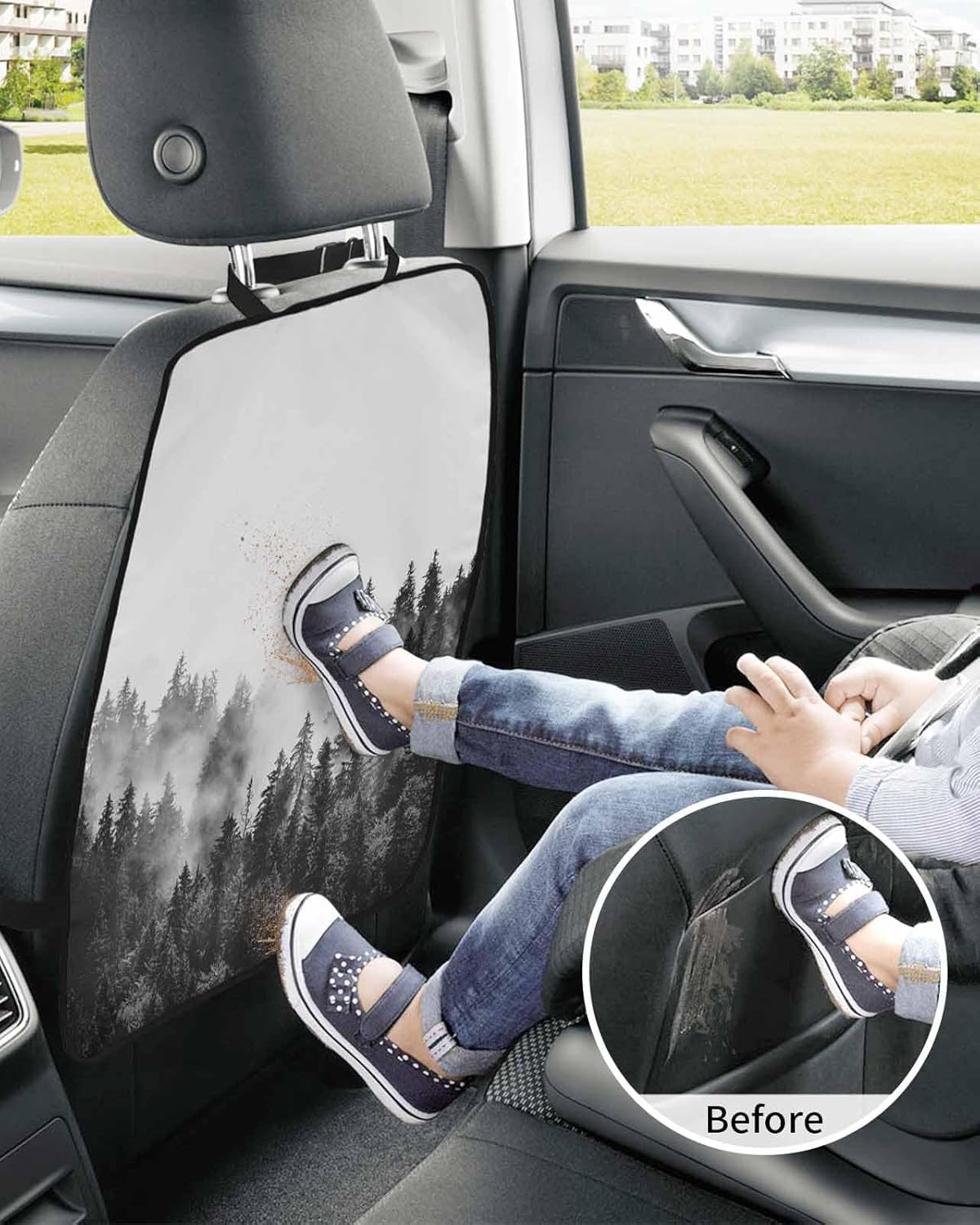 T&H XHome Car Seat Protector, 2 Pack Kick Mats Back Seat Protector Summer Photography Black and White Forest Waterproof Backseat Cover for Kids Universal Fit Automotive Interior Protectors